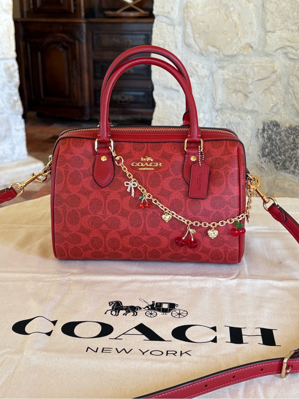 Coach Red Signature Satchel with Matching Wristlet and Charm - Picture 4 of 14